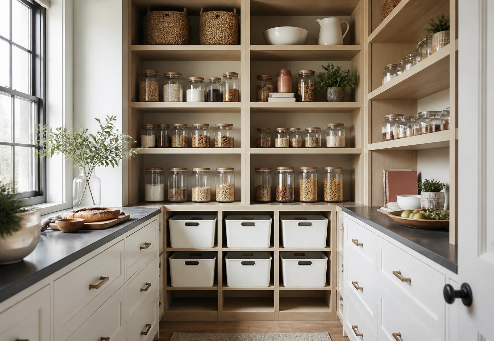 Serene, professionally organized walk-in pantry